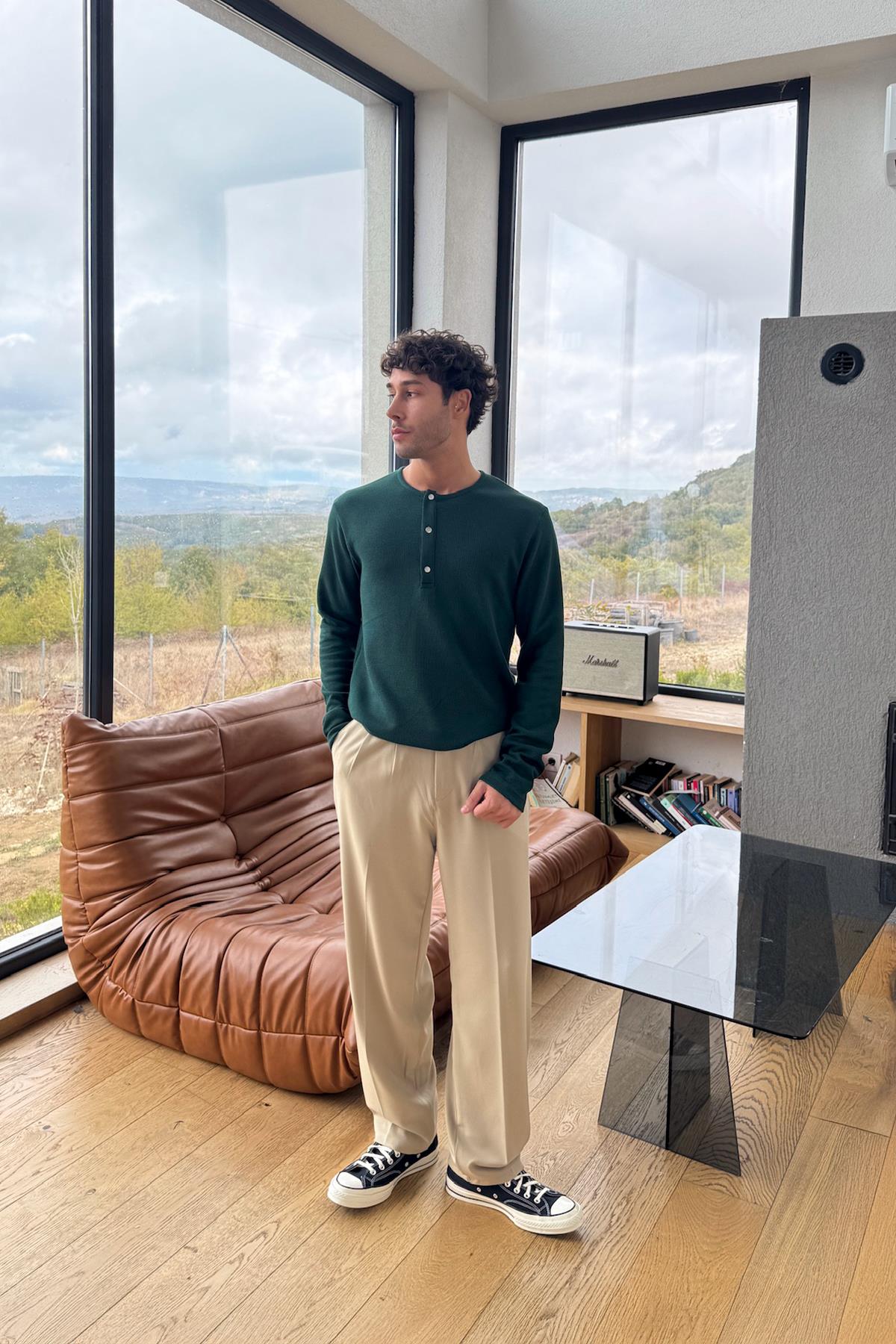 Çıt Çıtlı Oversize Uzun Kol Tişört Yeşil