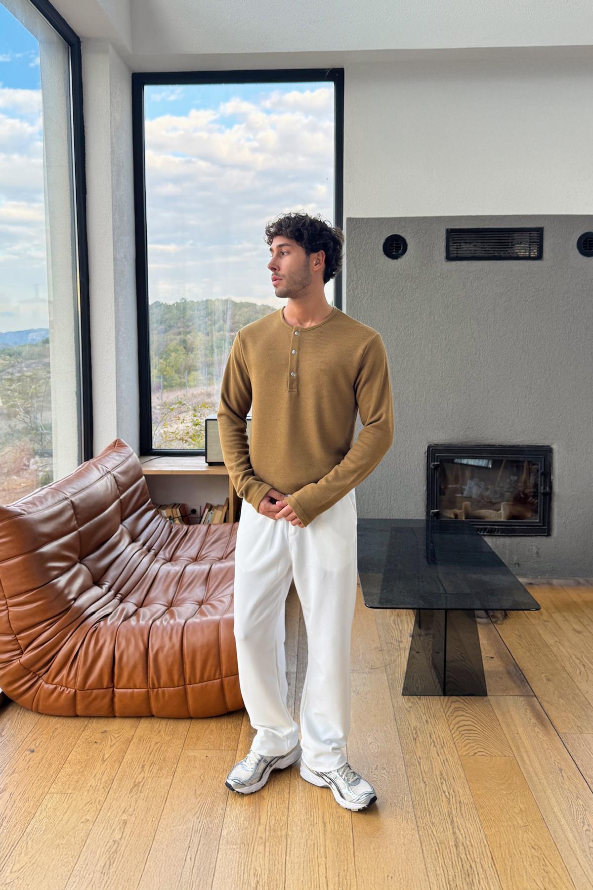 Çıt Çıtlı Oversize Uzun Kol Tişört Hardal