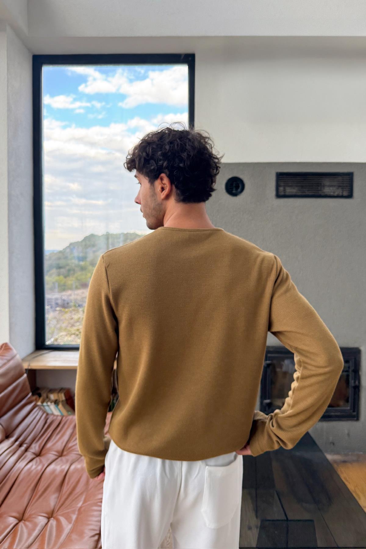 Çıt Çıtlı Oversize Uzun Kol Tişört Hardal