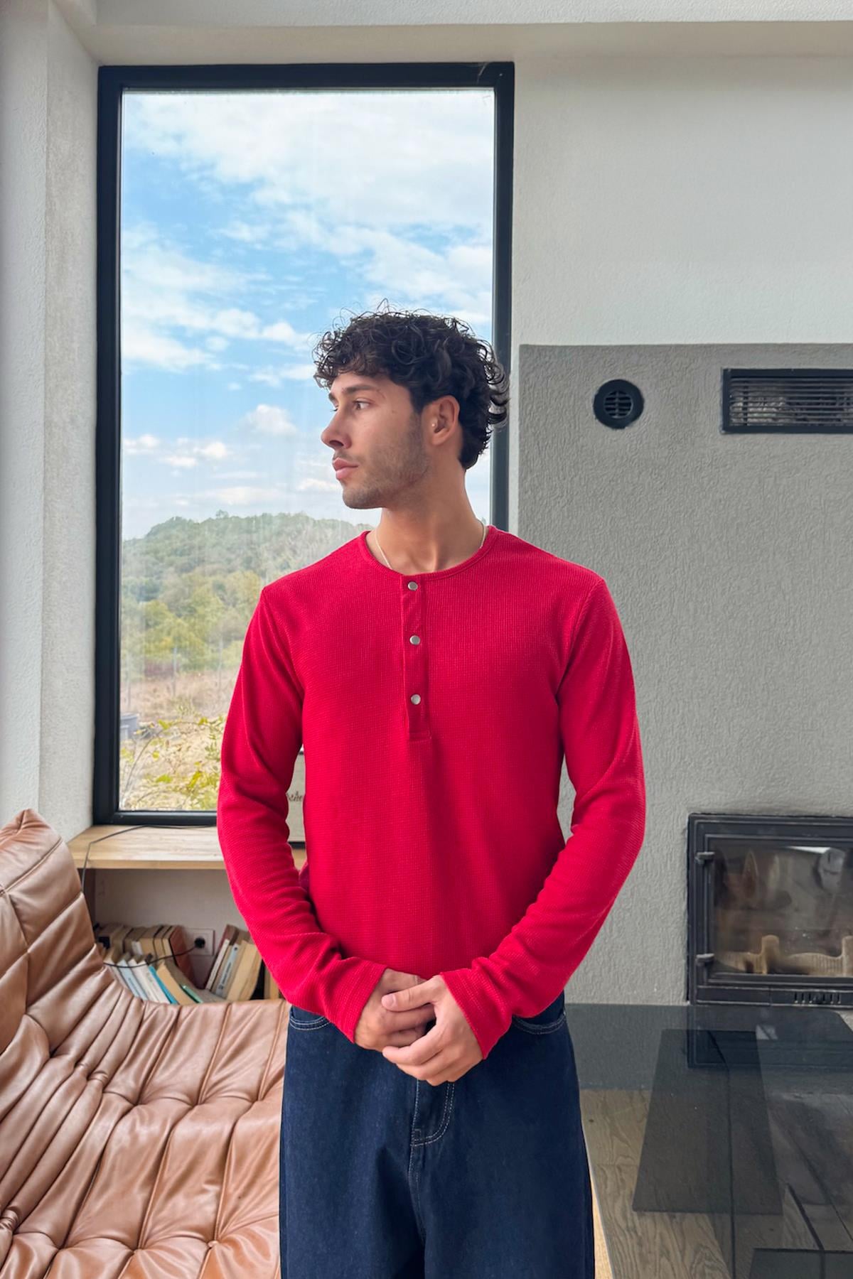 Çıt Çıtlı Oversize Uzun Kol Tişört Kırmızı