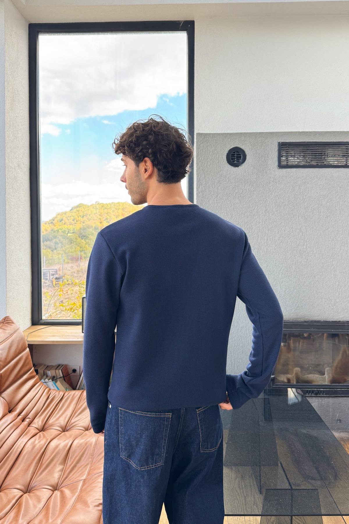 Çıt Çıtlı Oversize Uzun Kol Tişört Lacivert