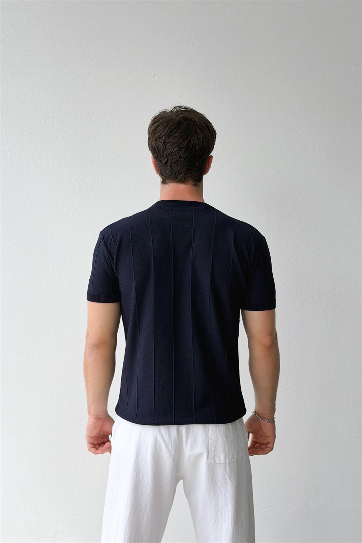 Çizgi Desenli Triko Tişört Lacivert