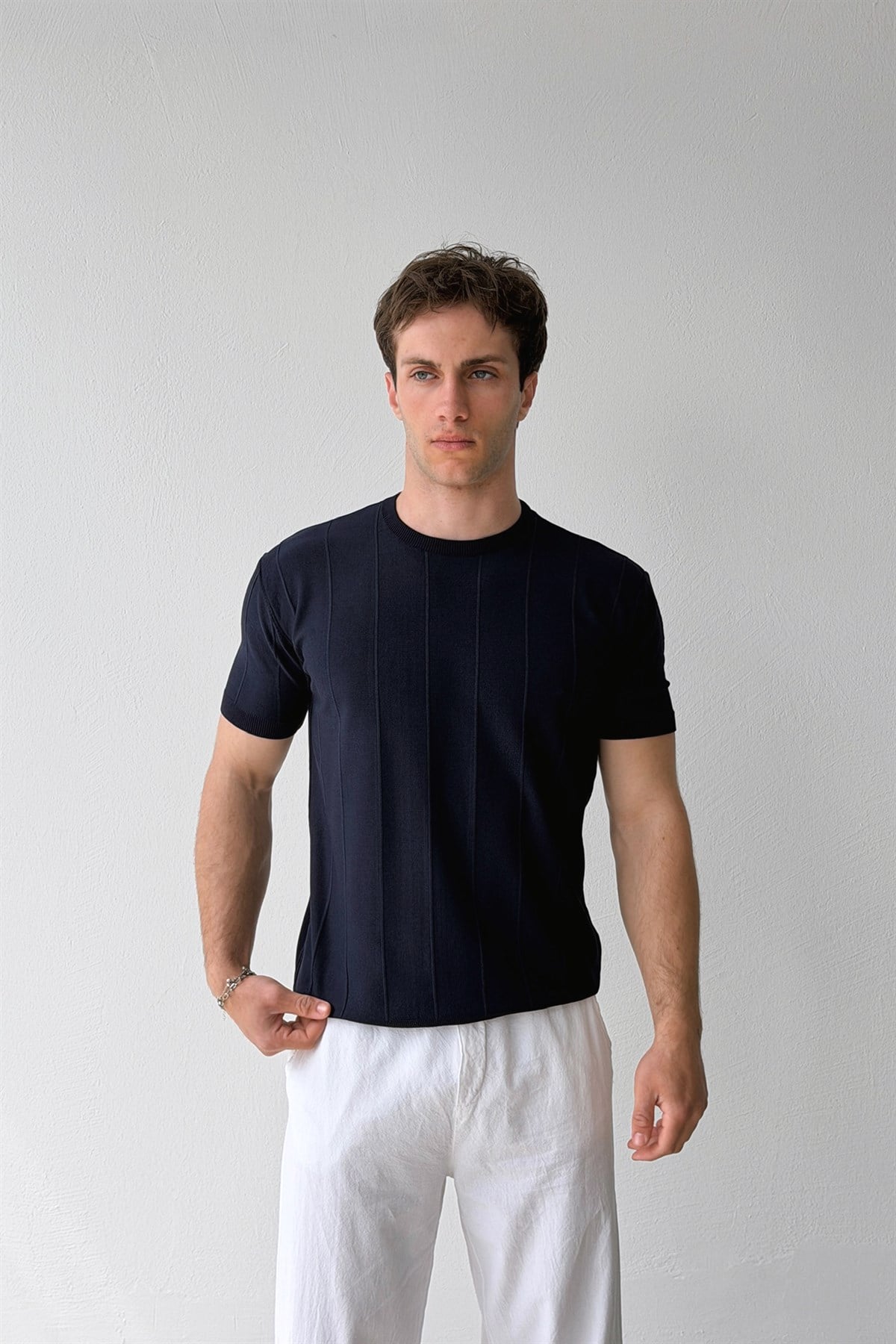 Çizgi Desenli Triko Tişört Lacivert