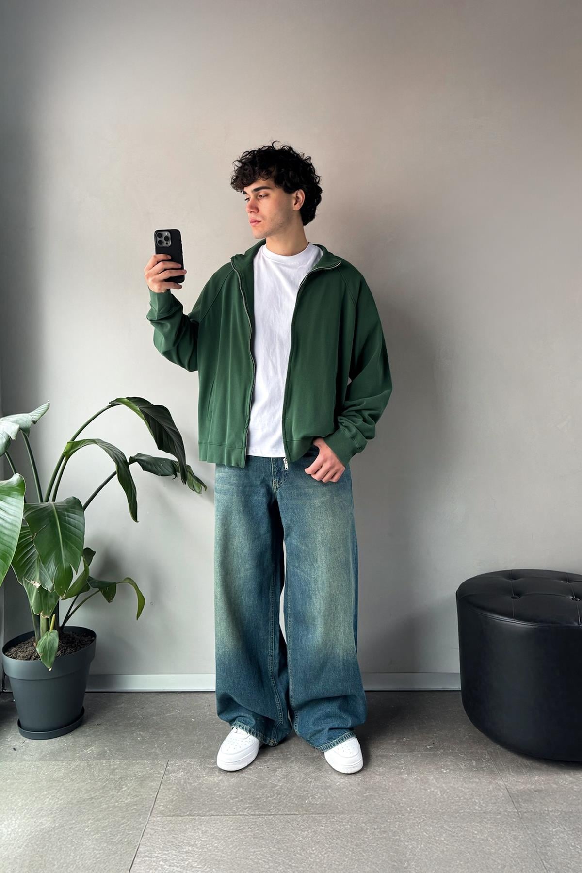 Çizgi Detay Yeşil Baggy Jean