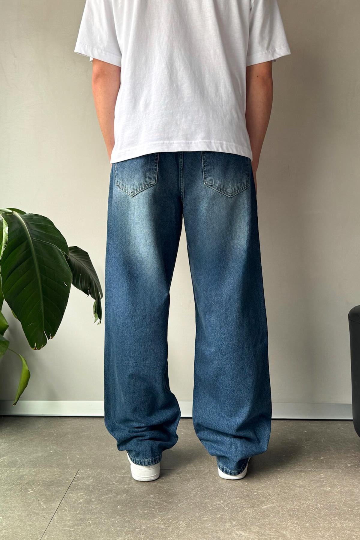 Çizgi Detay Mavi Baggy Jean