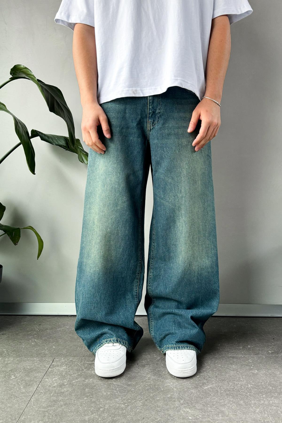 Çizgi Detay Yeşil Baggy Jean