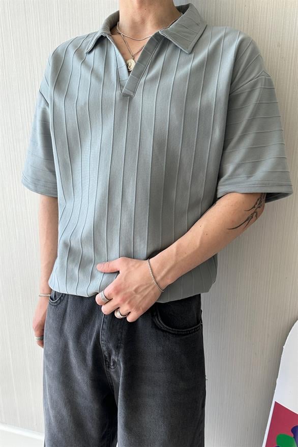 Çizgi Dokulu Polo Yaka Buz Gri Oversize Tişört