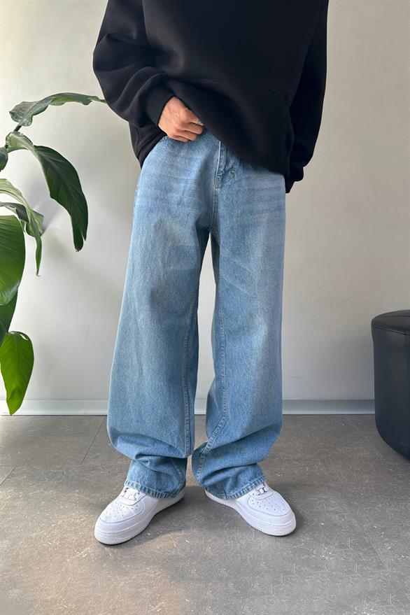 Çizgi Taşlamalı Mavi Baggy Jean