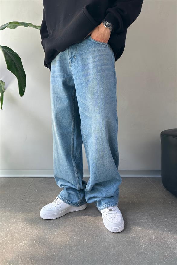 Çizgi Taşlamalı Mavi Baggy Jean