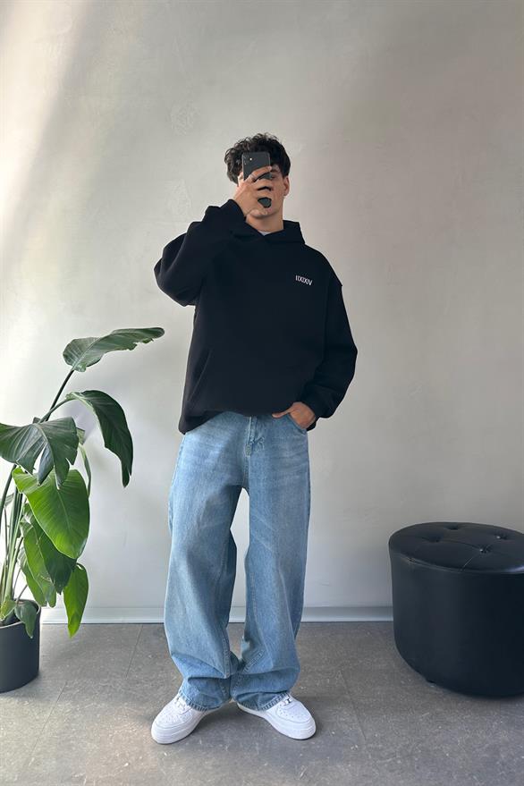 Çizgi Taşlamalı Mavi Baggy Jean