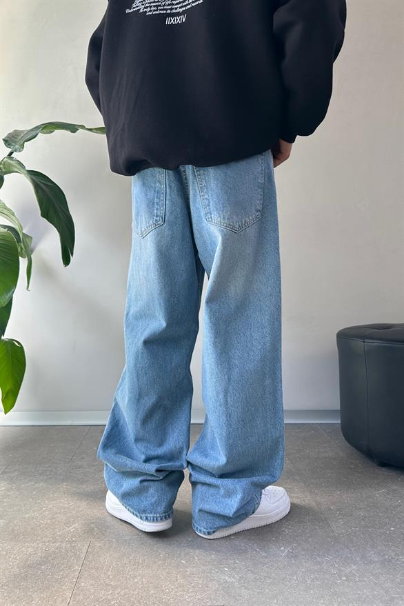 Çizgi Taşlamalı Mavi Baggy Jean