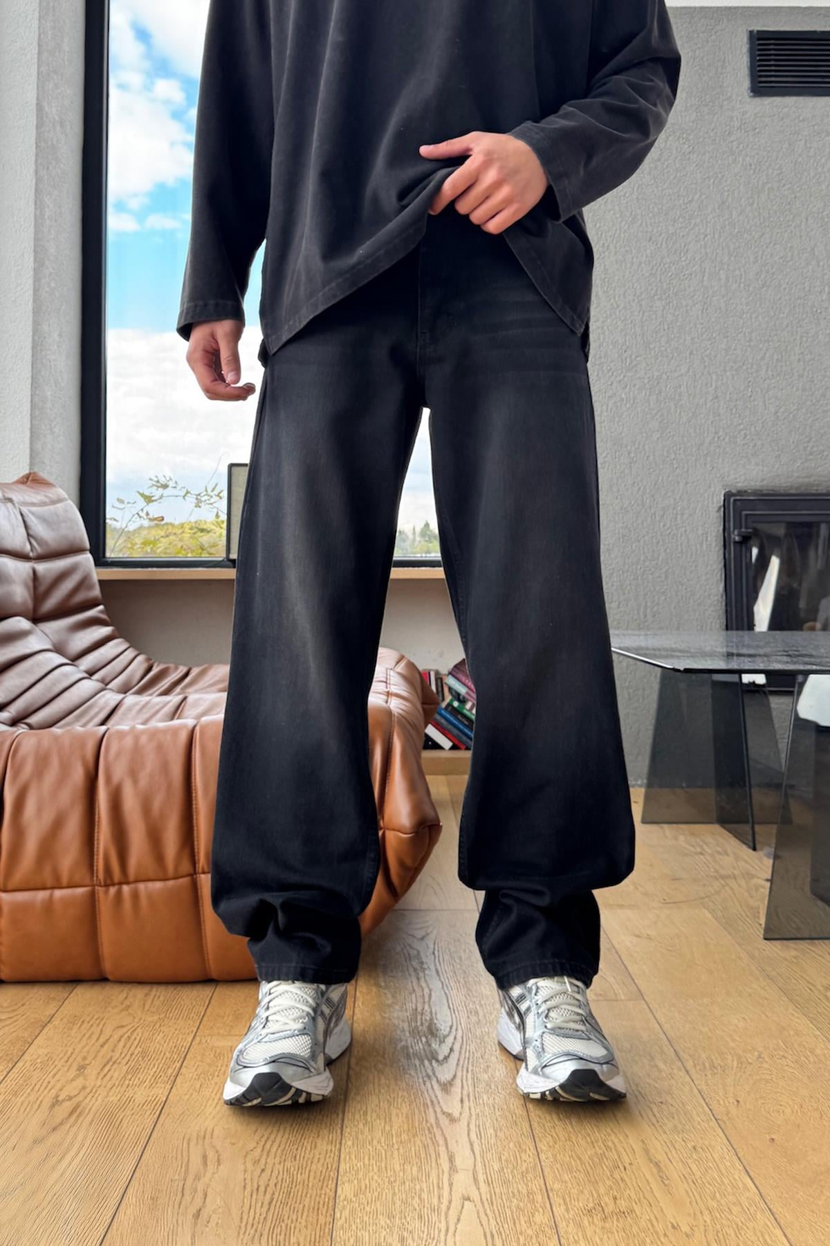 Çizgili Baggy Fit Siyah