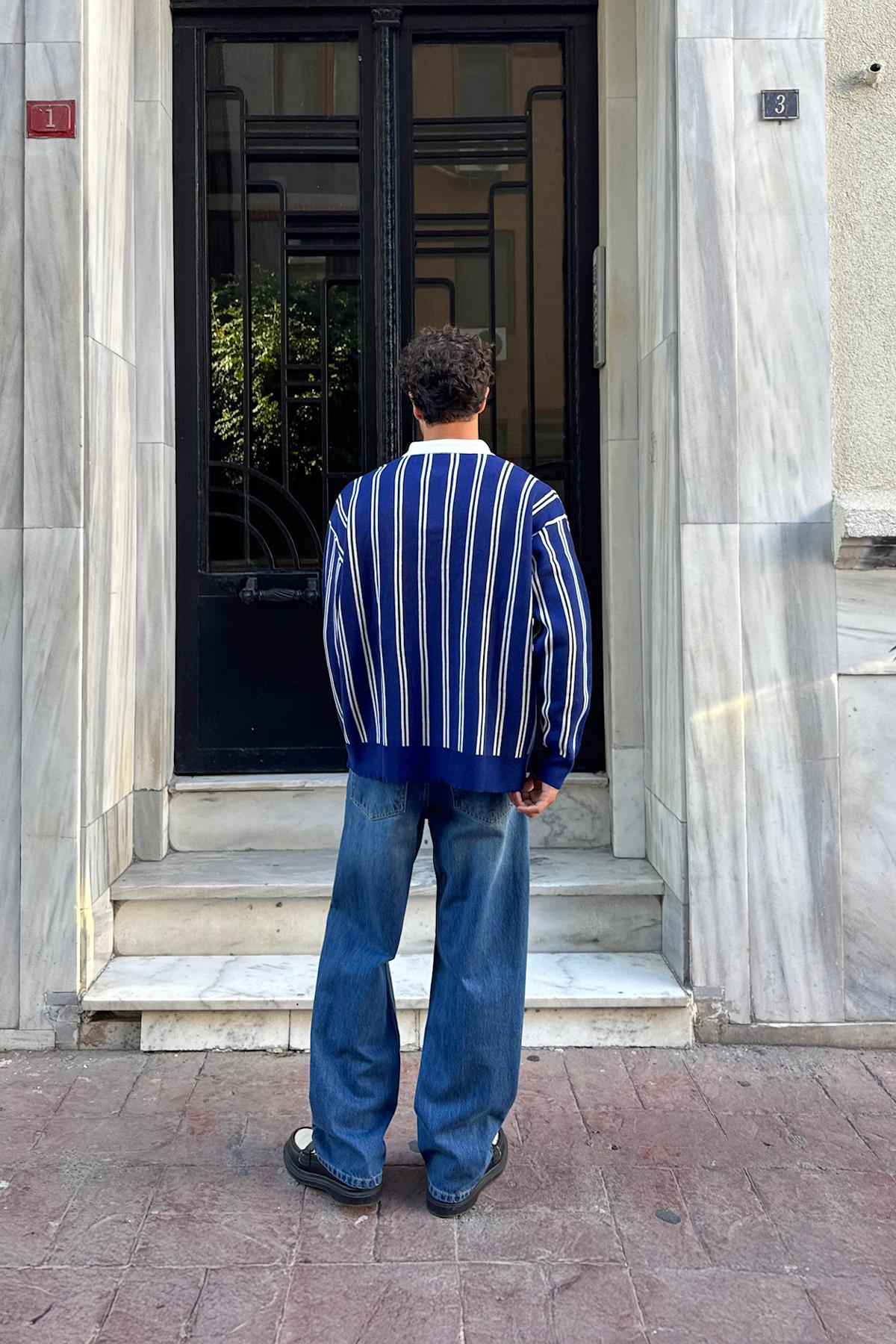 Çizgili Baggy Fit Mavi