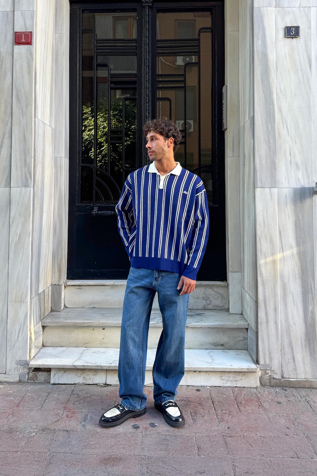 Çizgili Baggy Fit Mavi