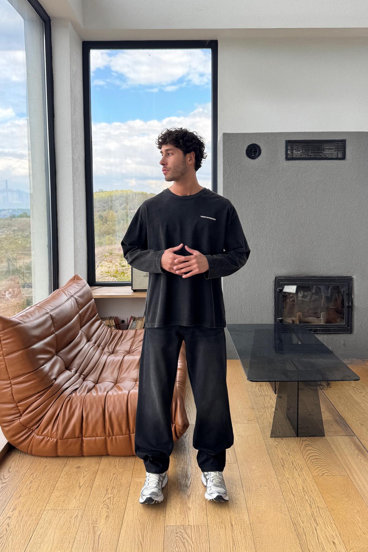 Çizgili Baggy Fit Siyah