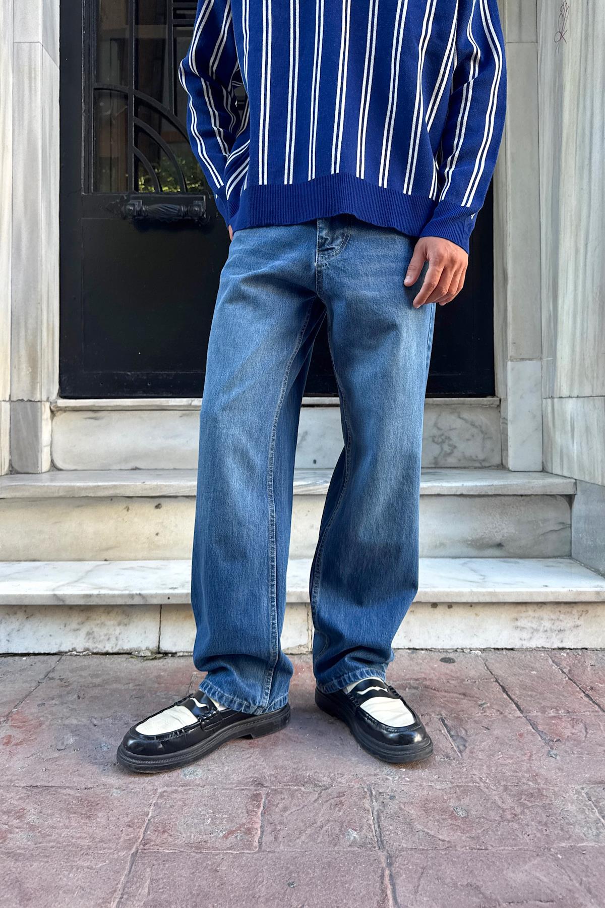Çizgili Baggy Fit Mavi