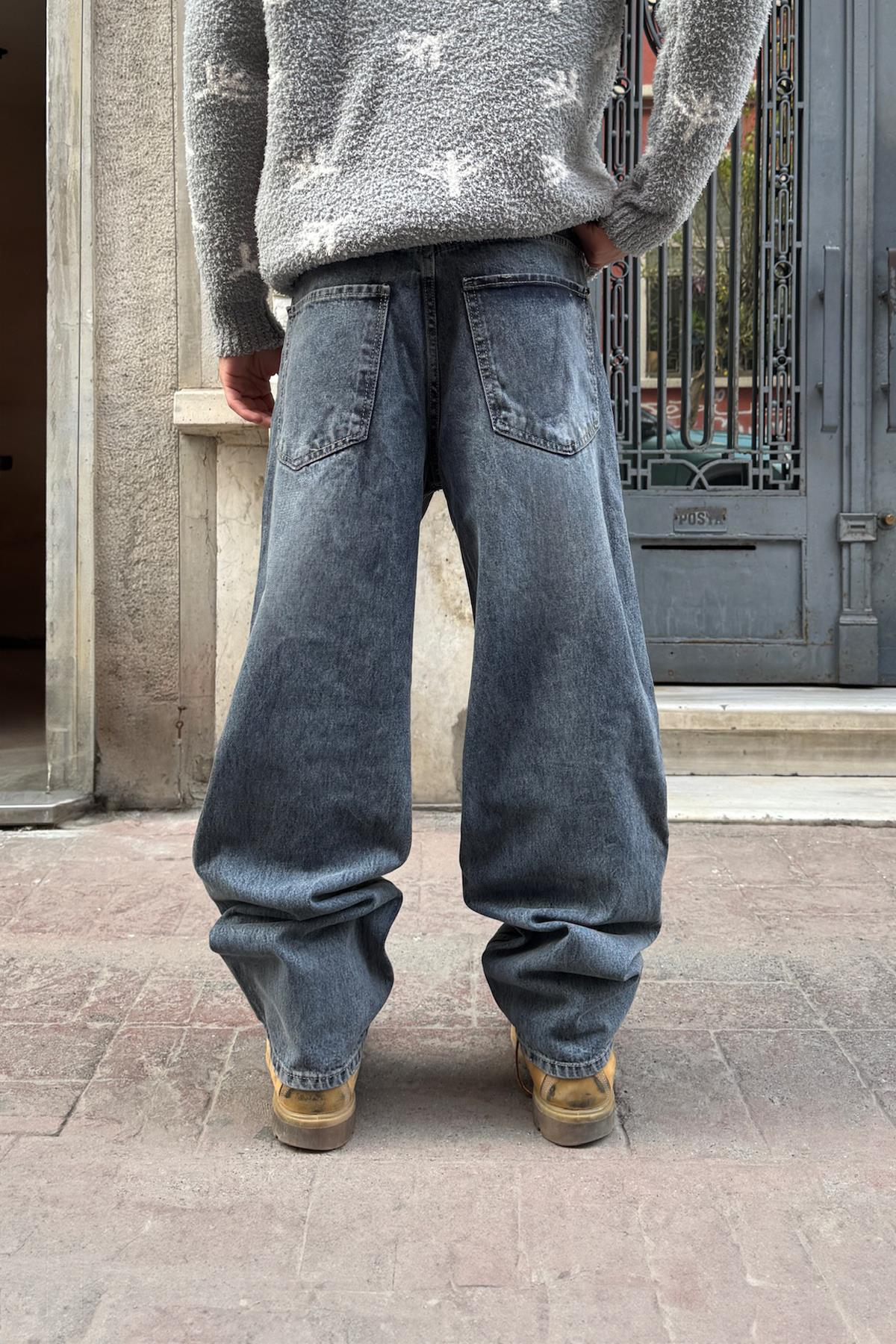 Çizgili Baggy Jean İndigo