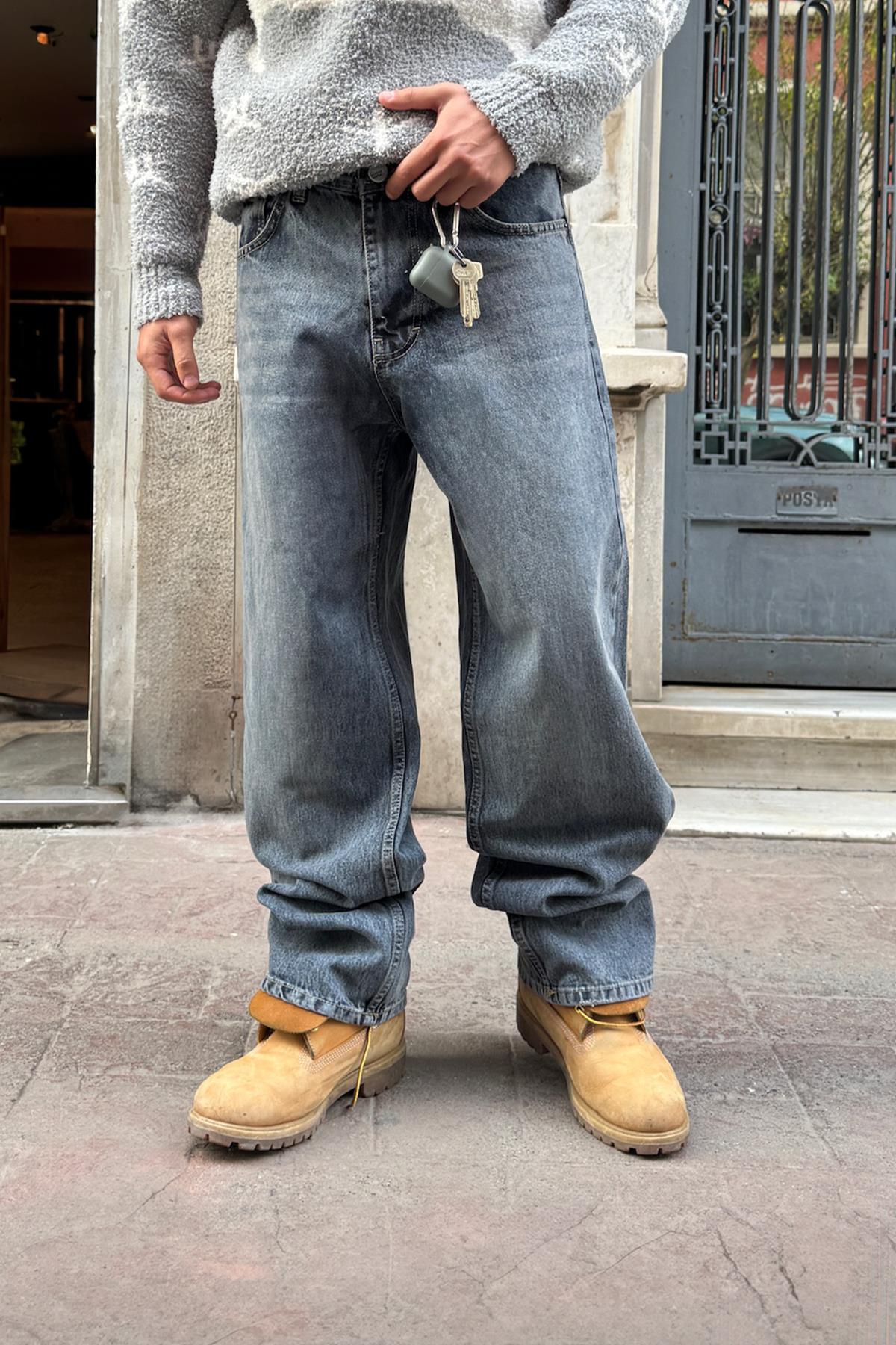 Çizgili Baggy Jean İndigo