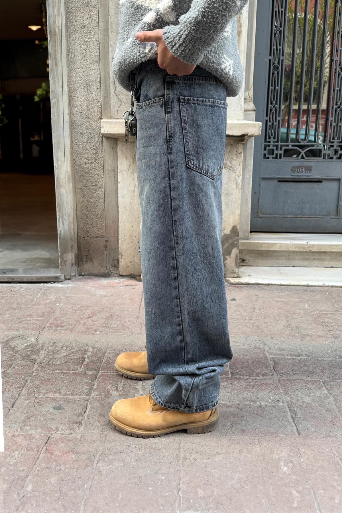 Çizgili Baggy Jean İndigo