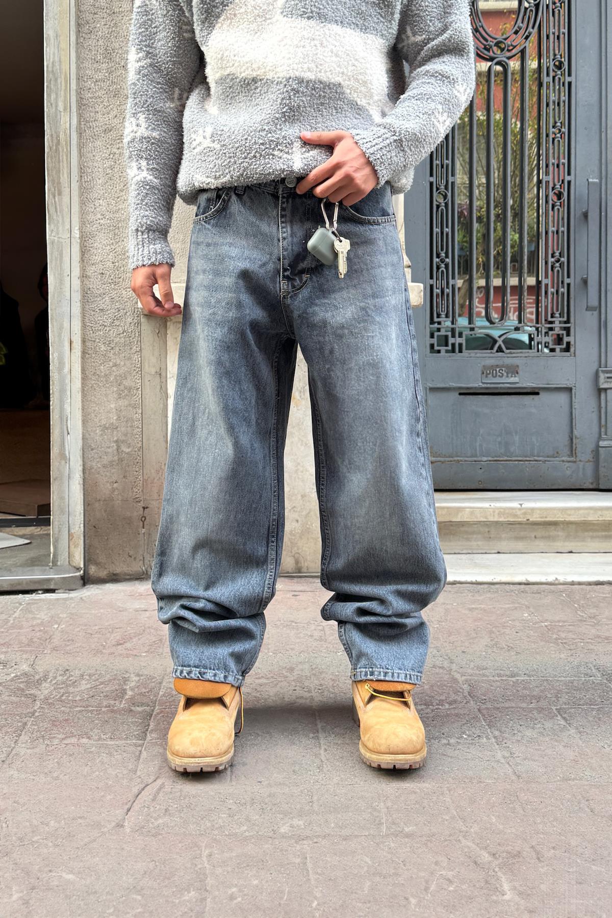 Çizgili Baggy Jean İndigo