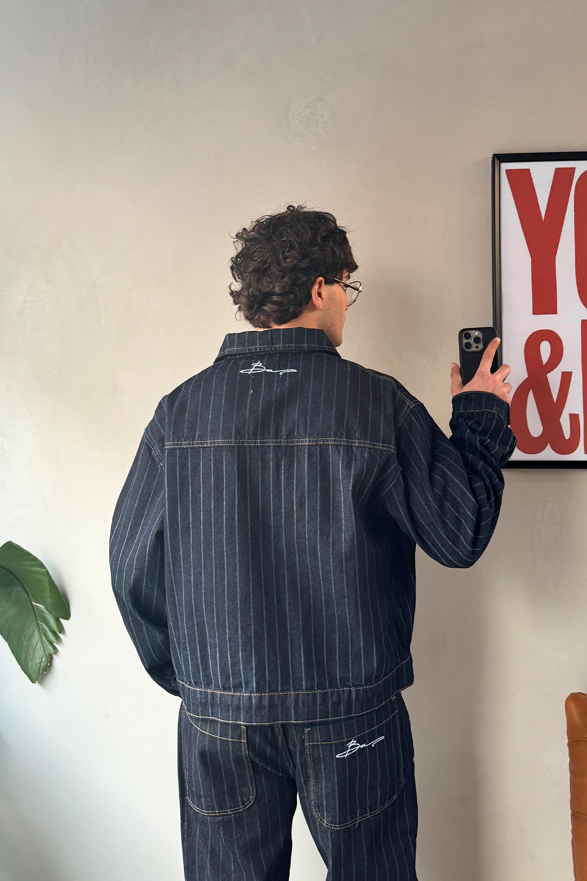 Çizgili Denim Lacivert Takım