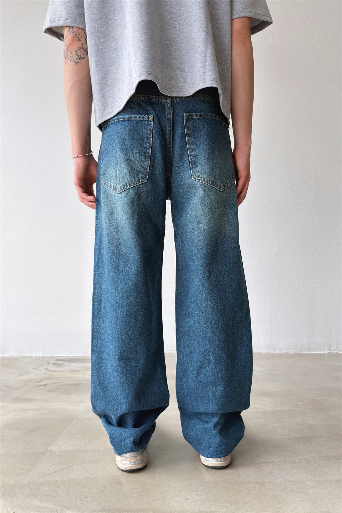 Çizgili Eskitme Model Baggy Jean