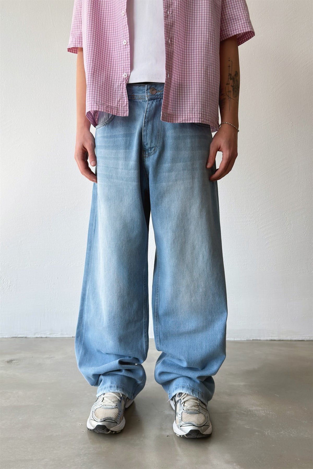 Çizgili Eskitme Model Baggy Jean