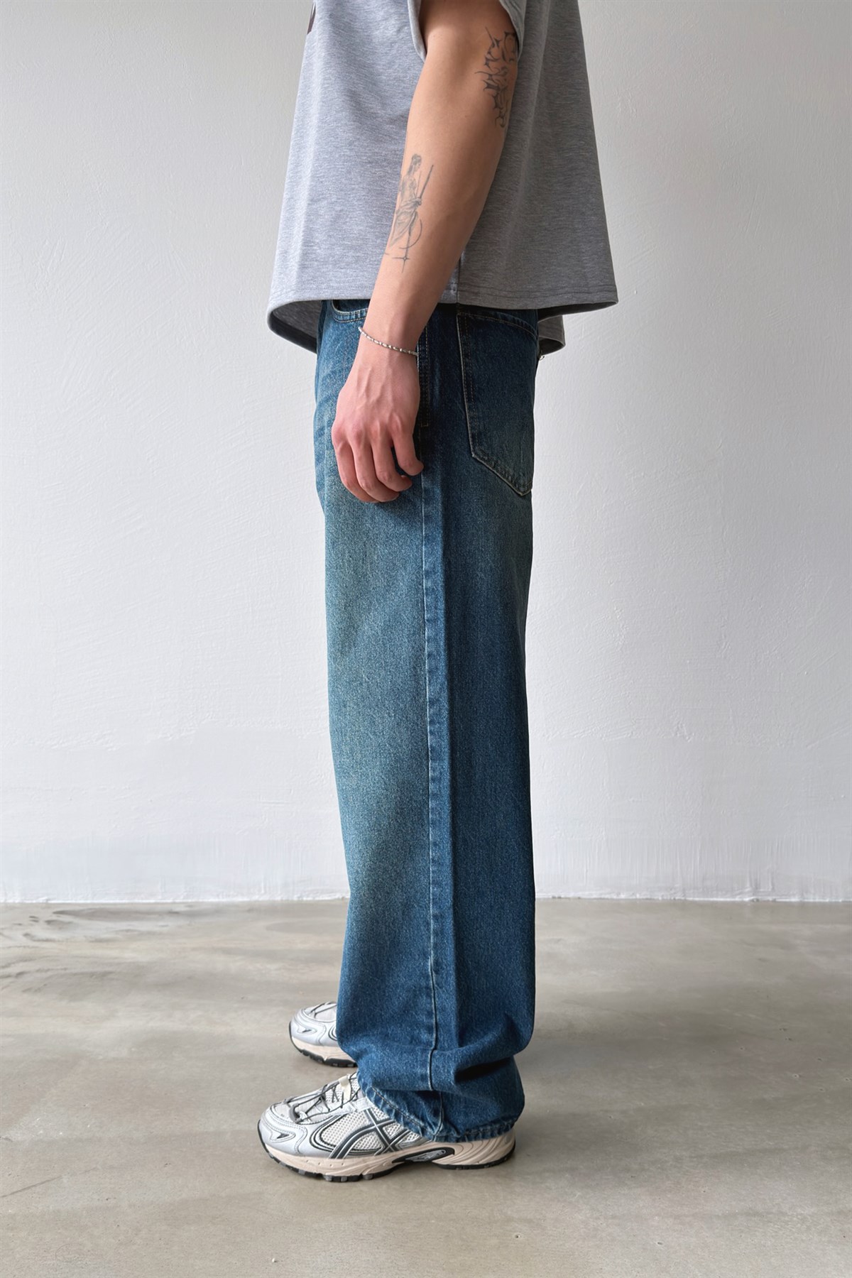 Çizgili Eskitme Model Baggy Jean