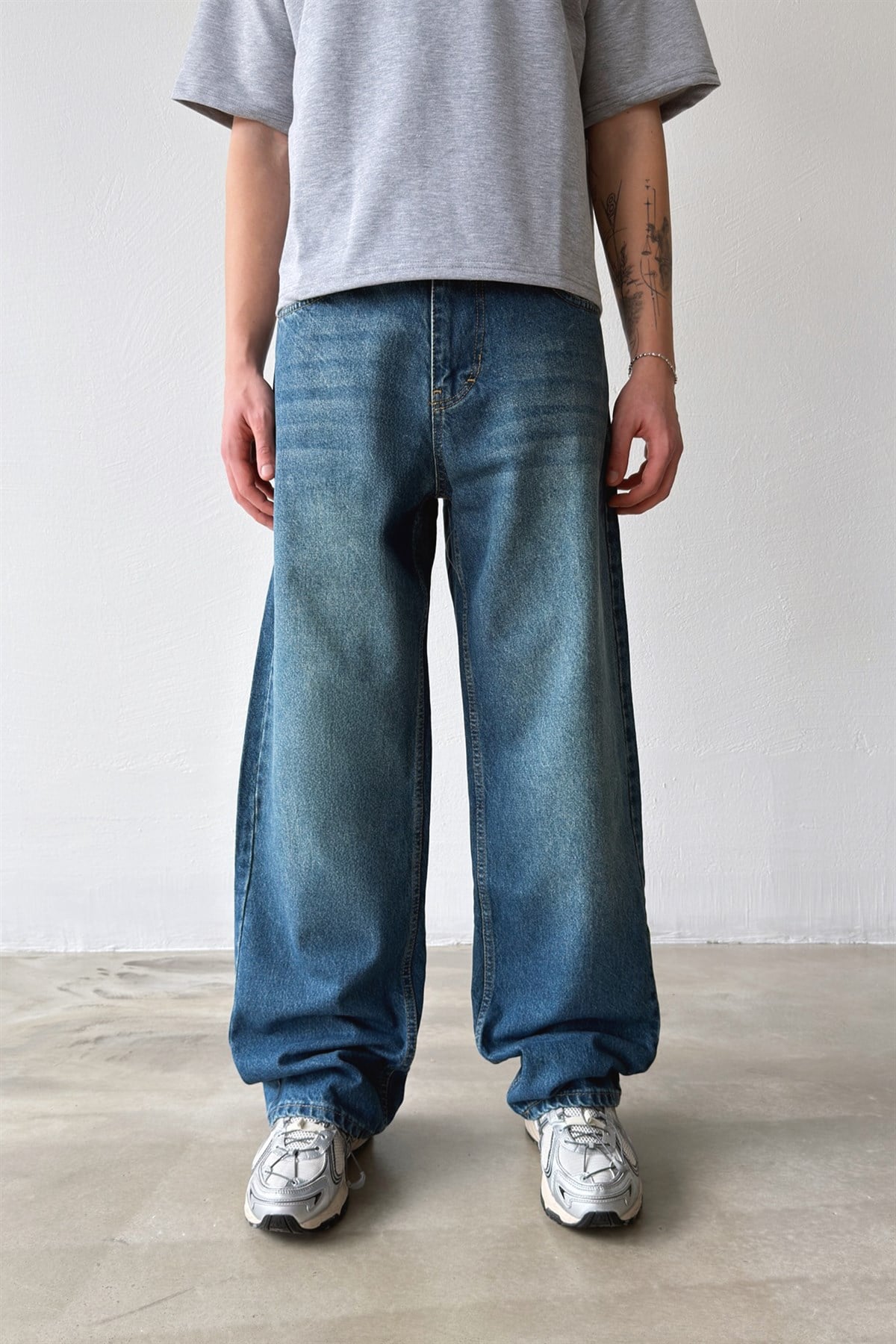 Çizgili Eskitme Model Baggy Jean