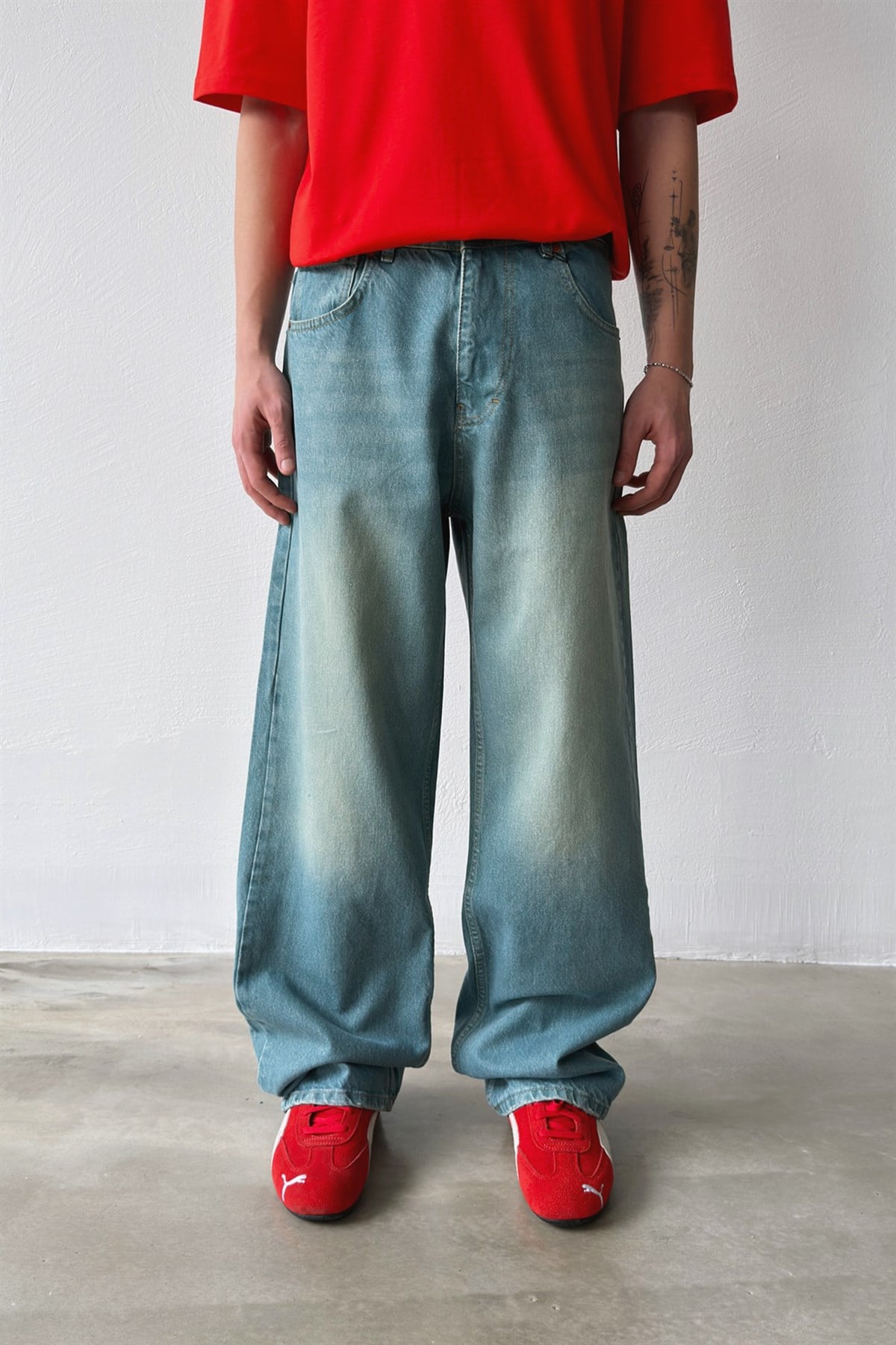 Çizgili Eskitme Model Baggy Jean