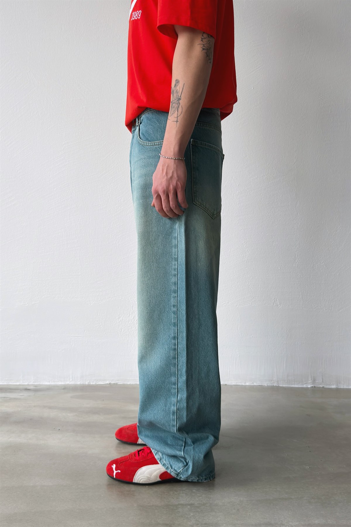 Çizgili Eskitme Model Baggy Jean