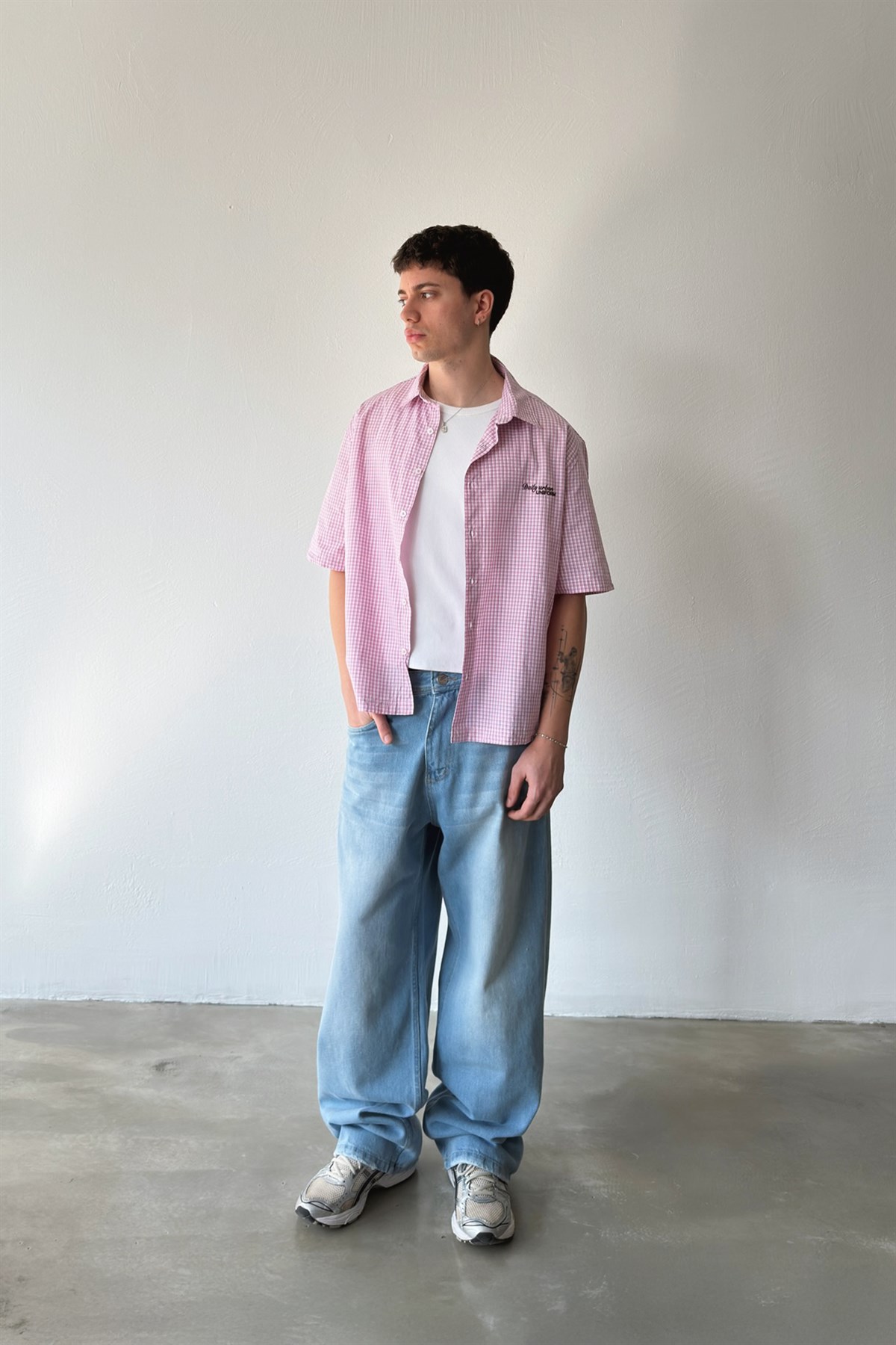 Çizgili Eskitme Model Baggy Jean