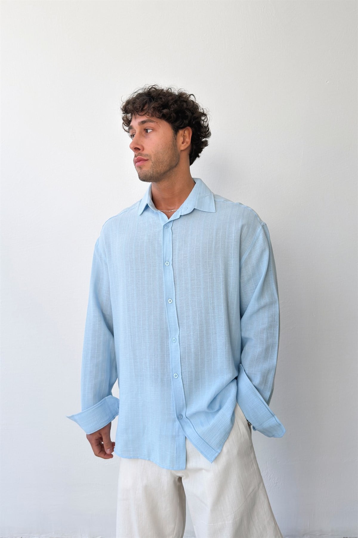 Çizgili Mavi Keten Gömlek