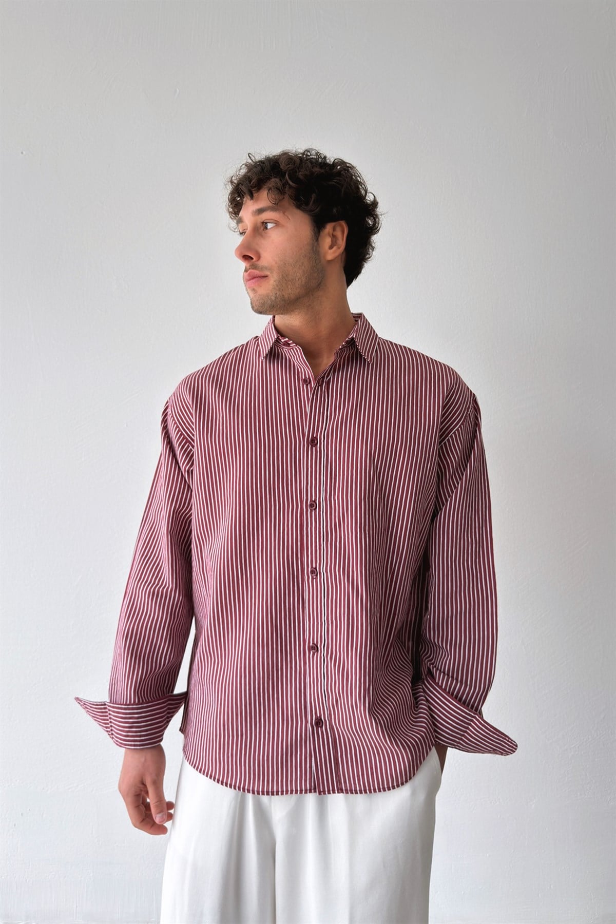 Çizgili Bordo Keten Gömlek