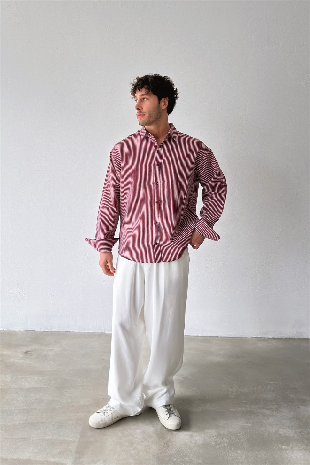 Çizgili Bordo Keten Gömlek