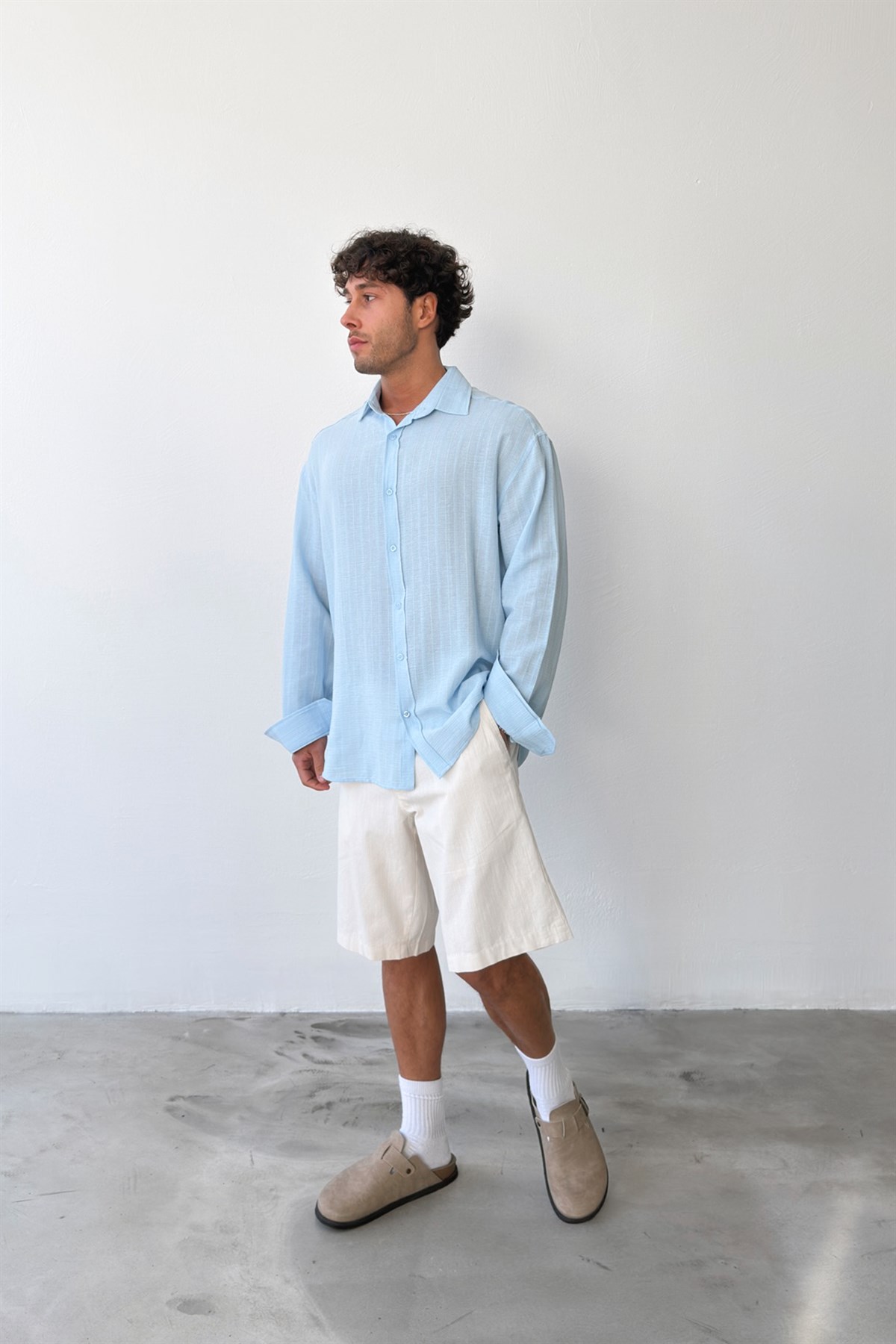 Çizgili Mavi Keten Gömlek