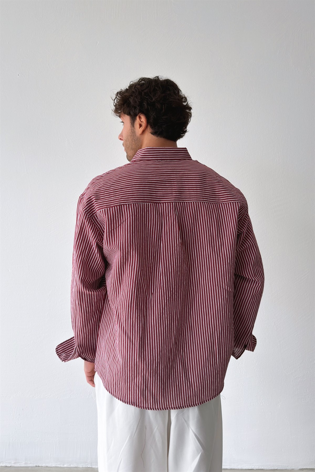 Çizgili Bordo Keten Gömlek