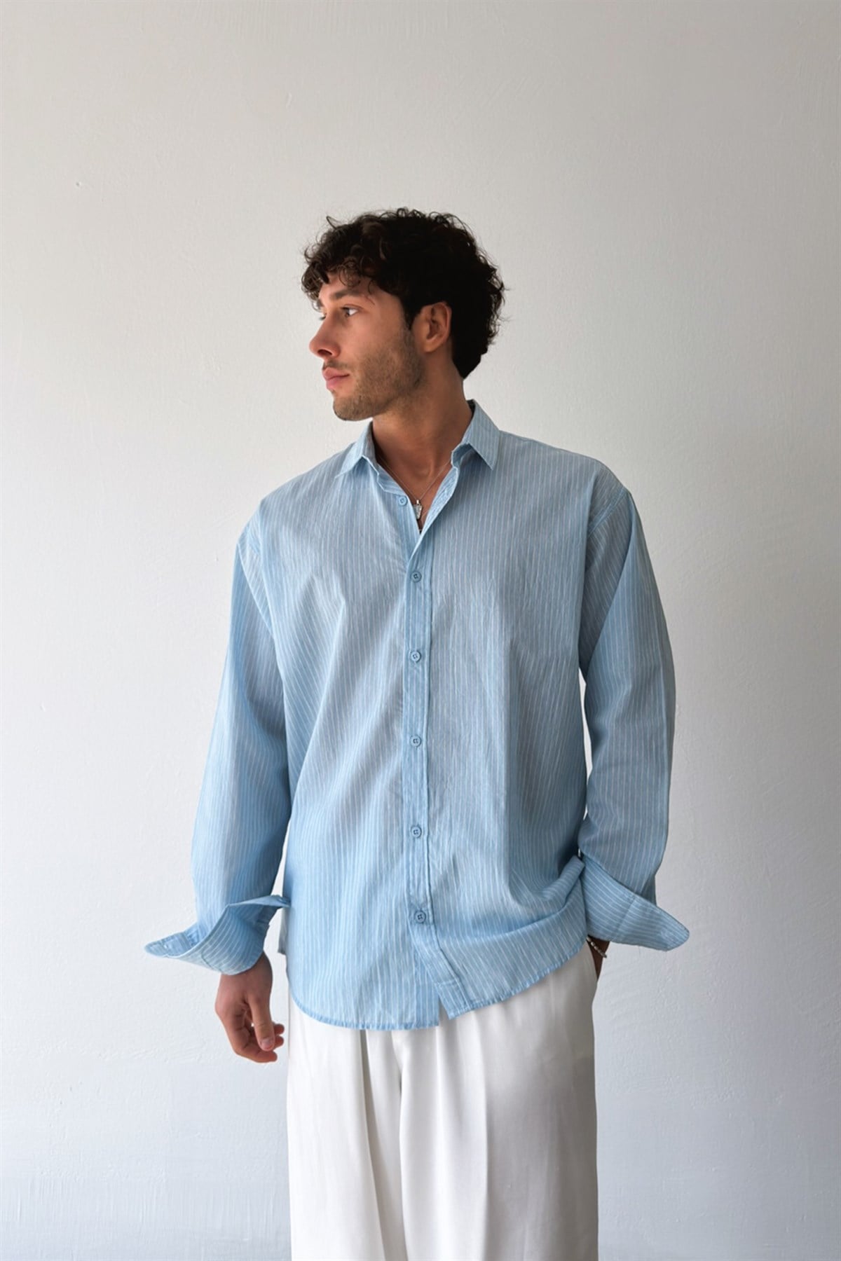 Çizgili Mavi Keten Gömlek