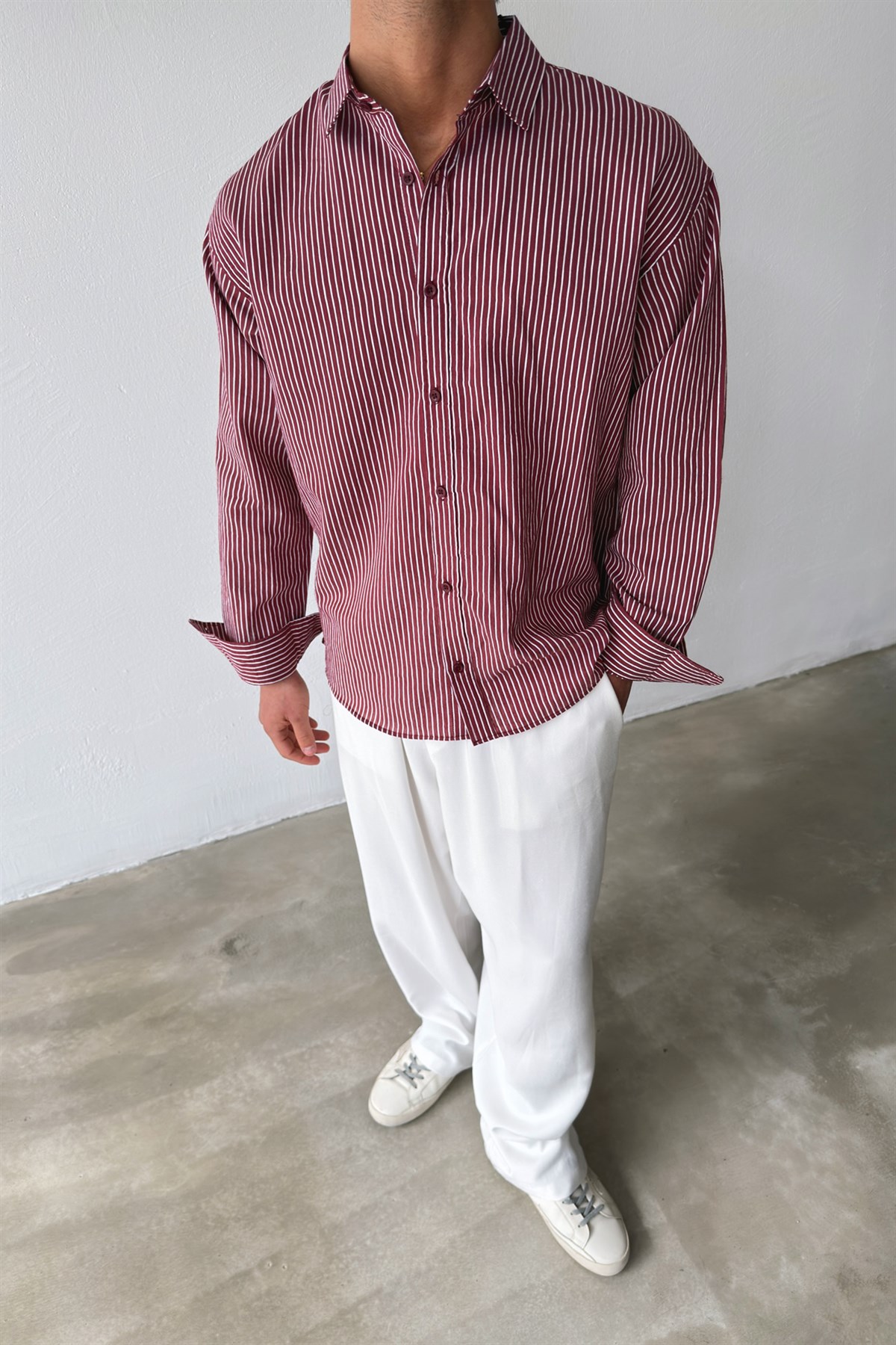 Çizgili Bordo Keten Gömlek