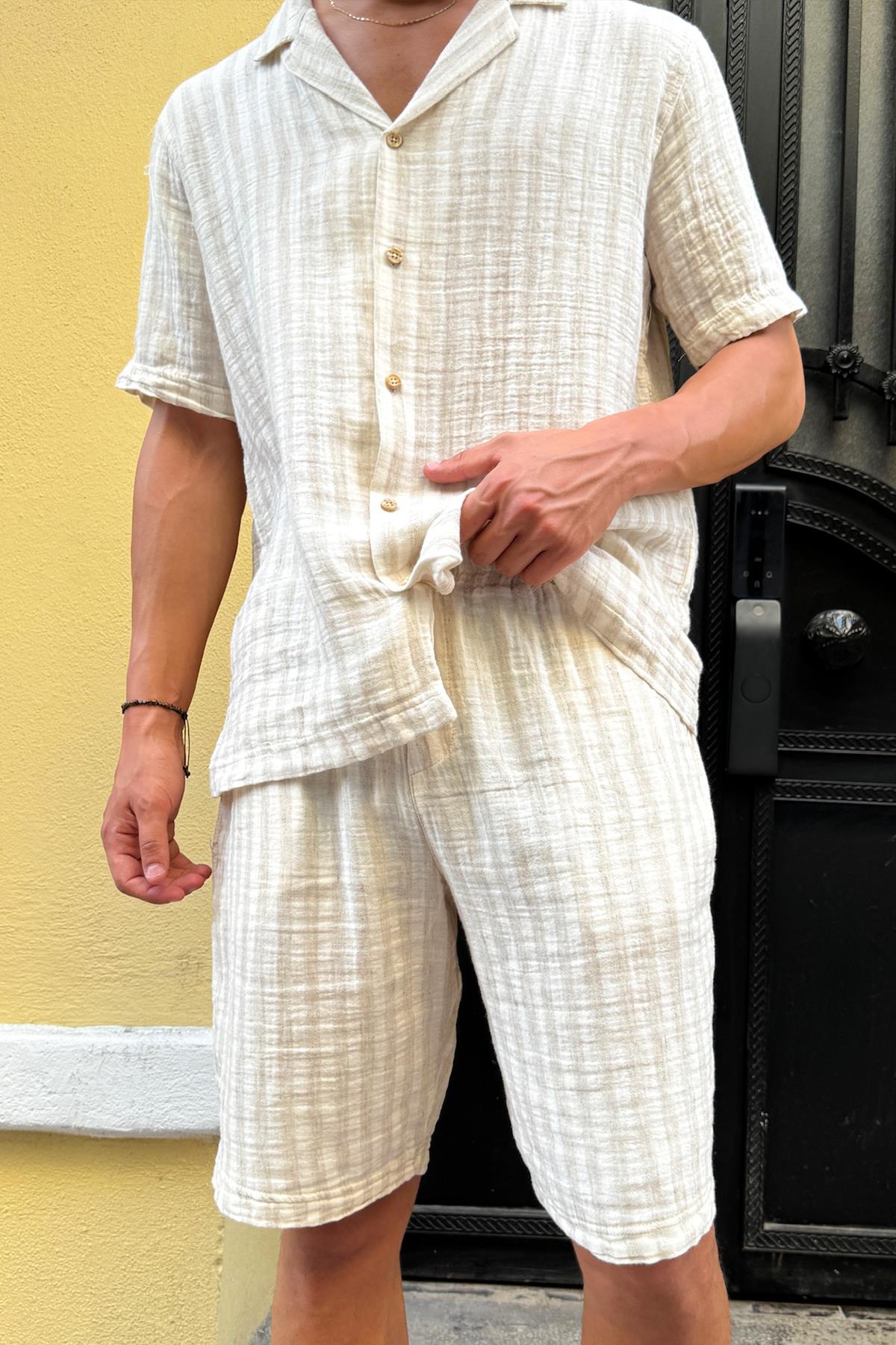 Çizgili Keten Şort Takım