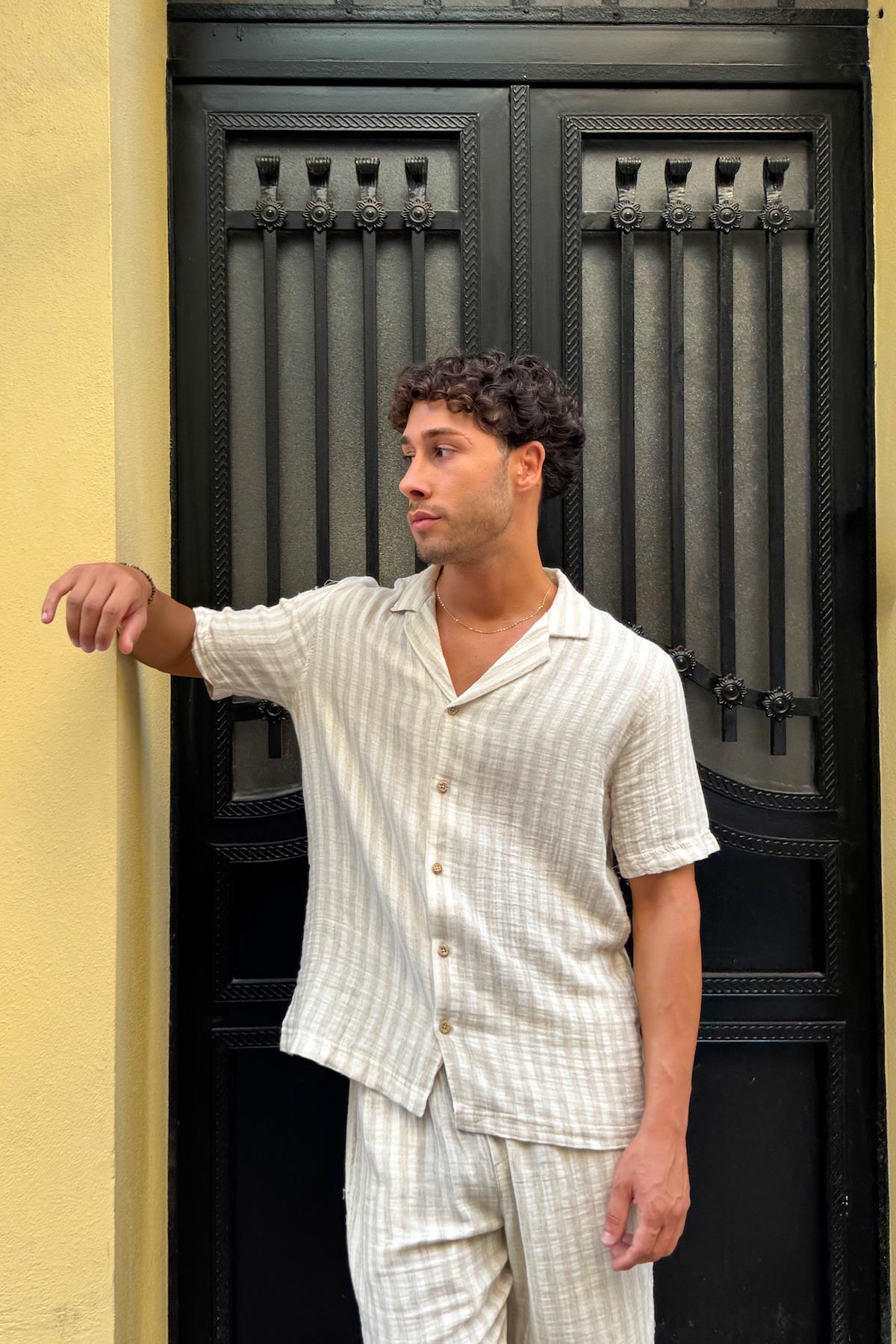 Çizgili Keten Şort Takım