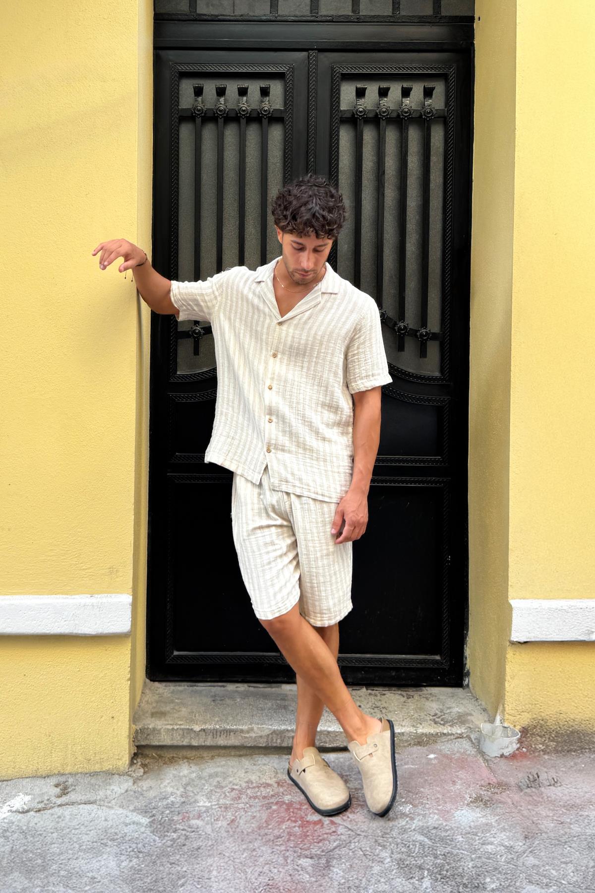 Çizgili Keten Şort Takım