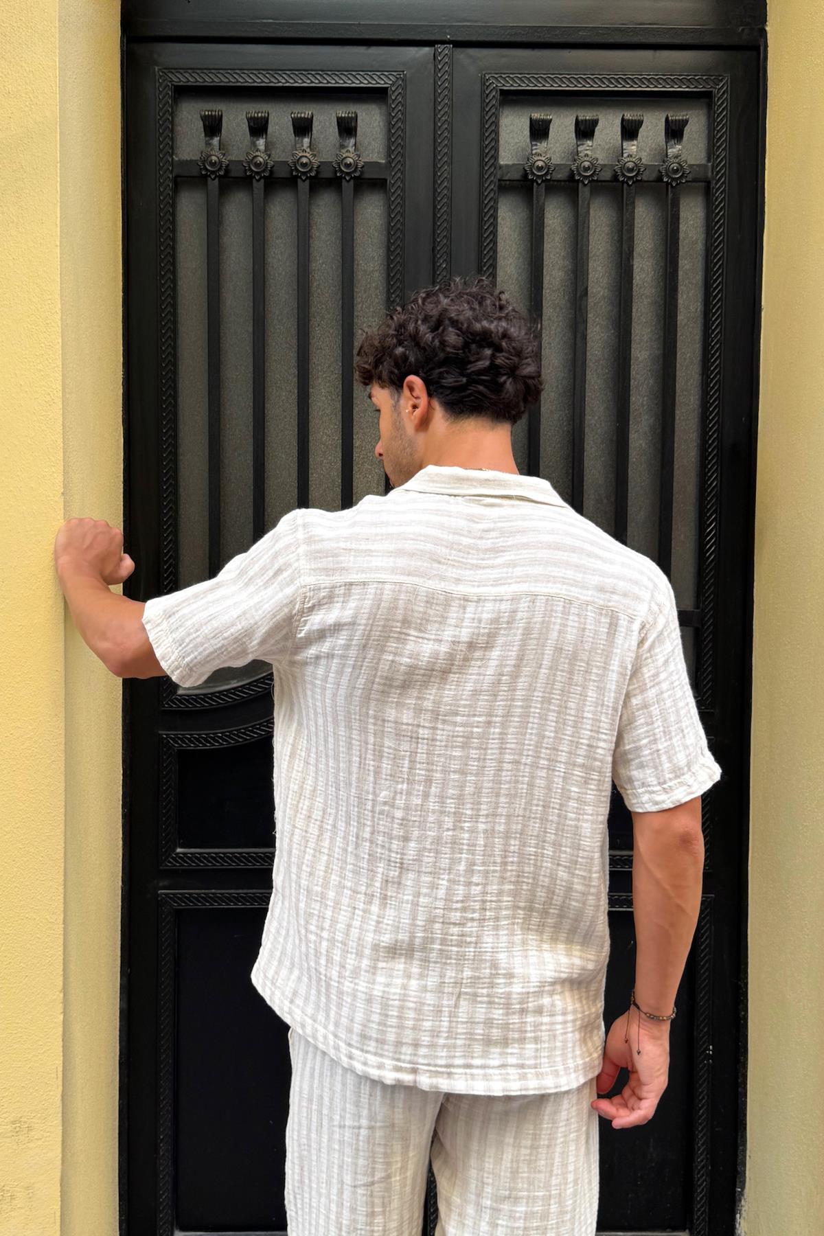 Çizgili Keten Şort Takım