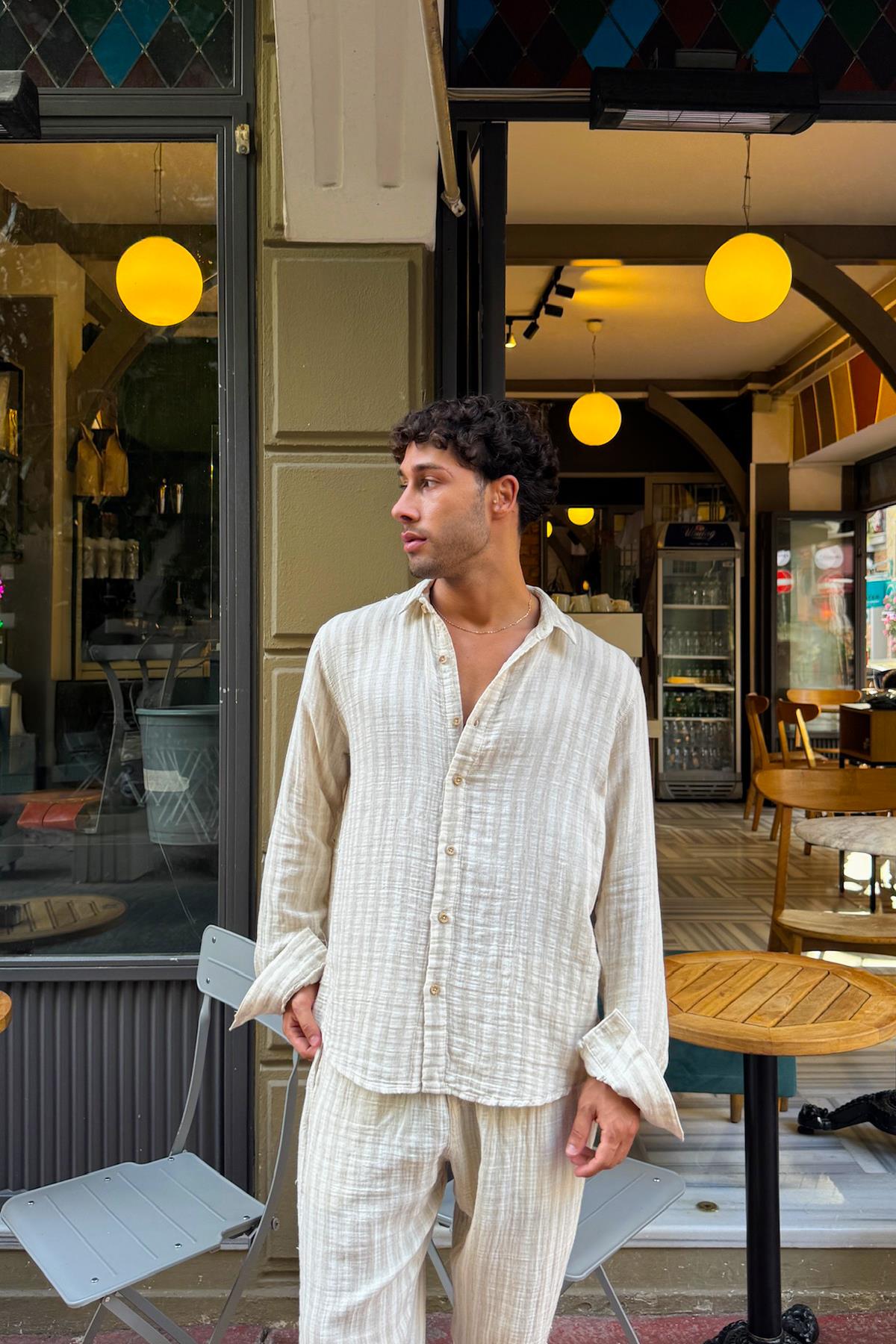 Çizgili Keten Takım