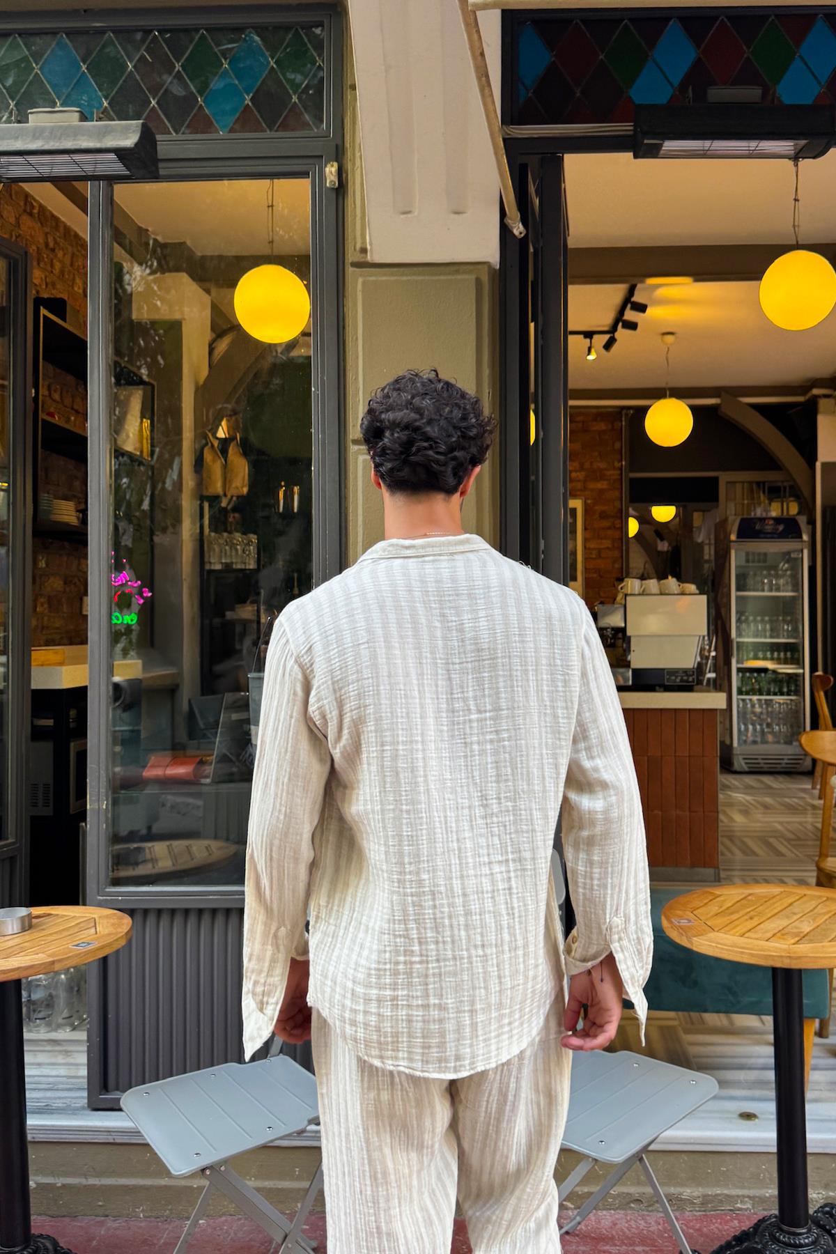 Çizgili Keten Takım