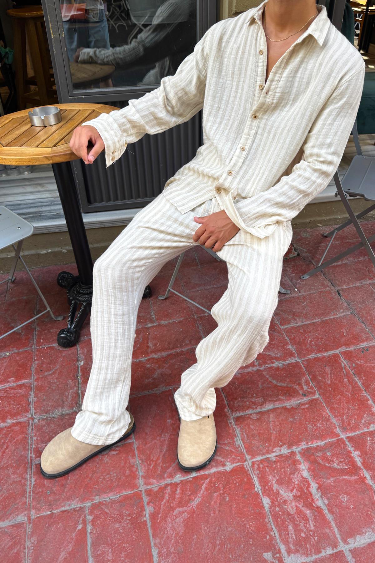 Çizgili Keten Takım