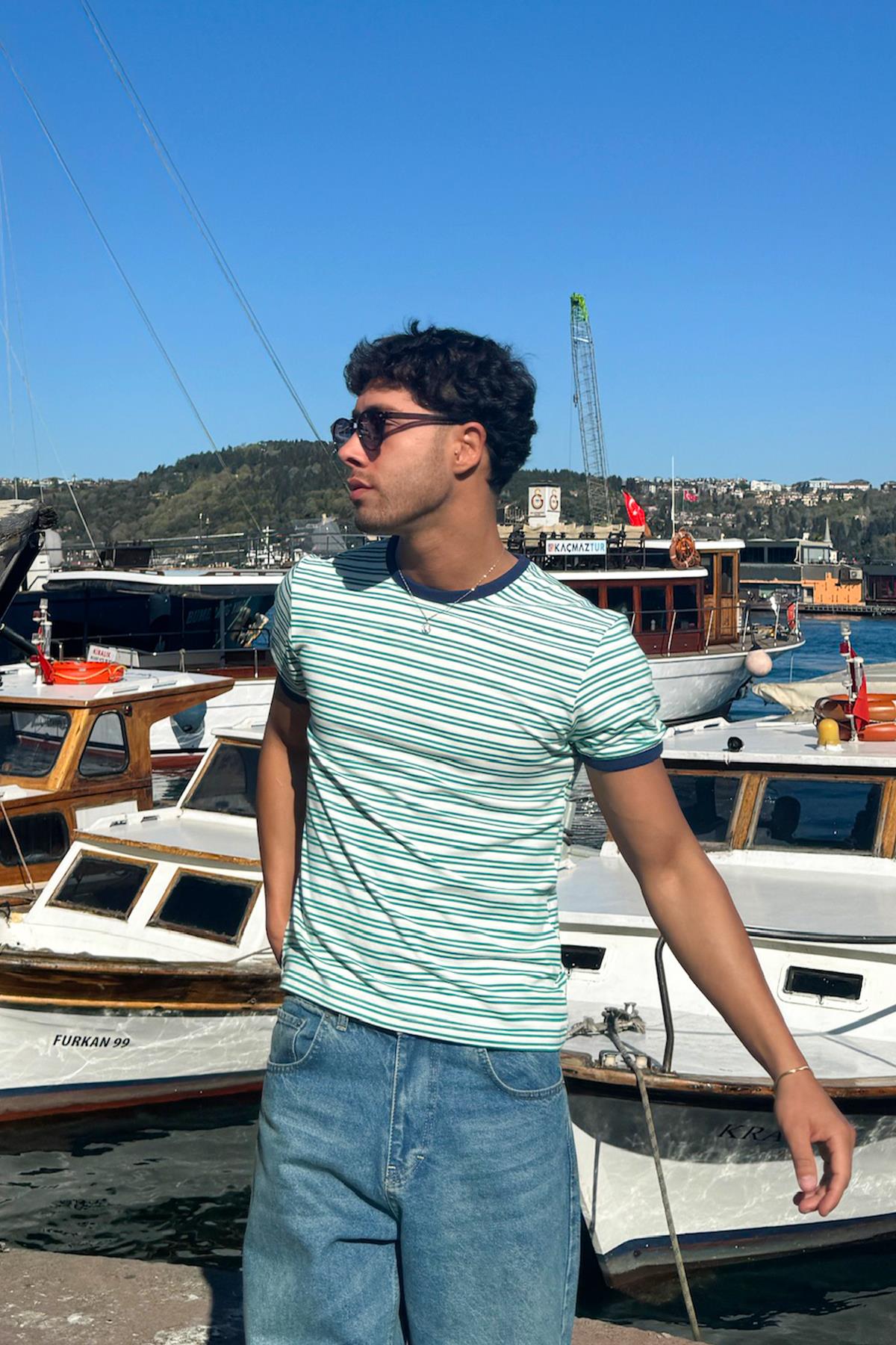 Çizgili Old Money Yeşil Tişört Yeşil