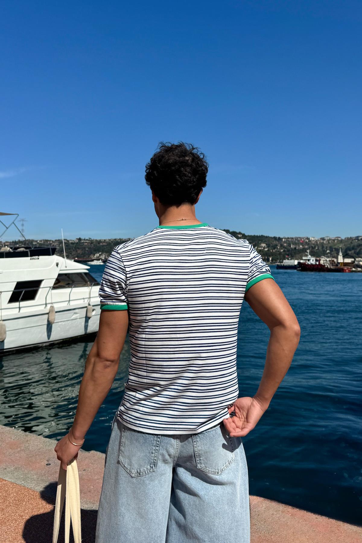 Çizgili Old Money Tişört Lacivert