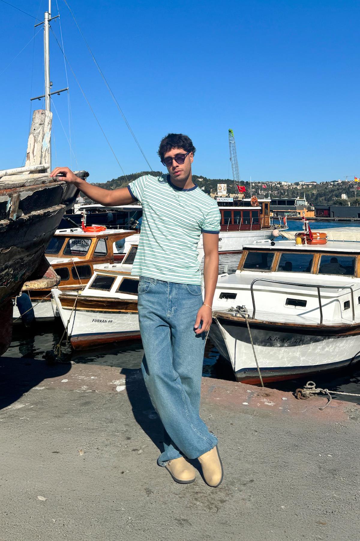 Çizgili Old Money Yeşil Tişört Yeşil