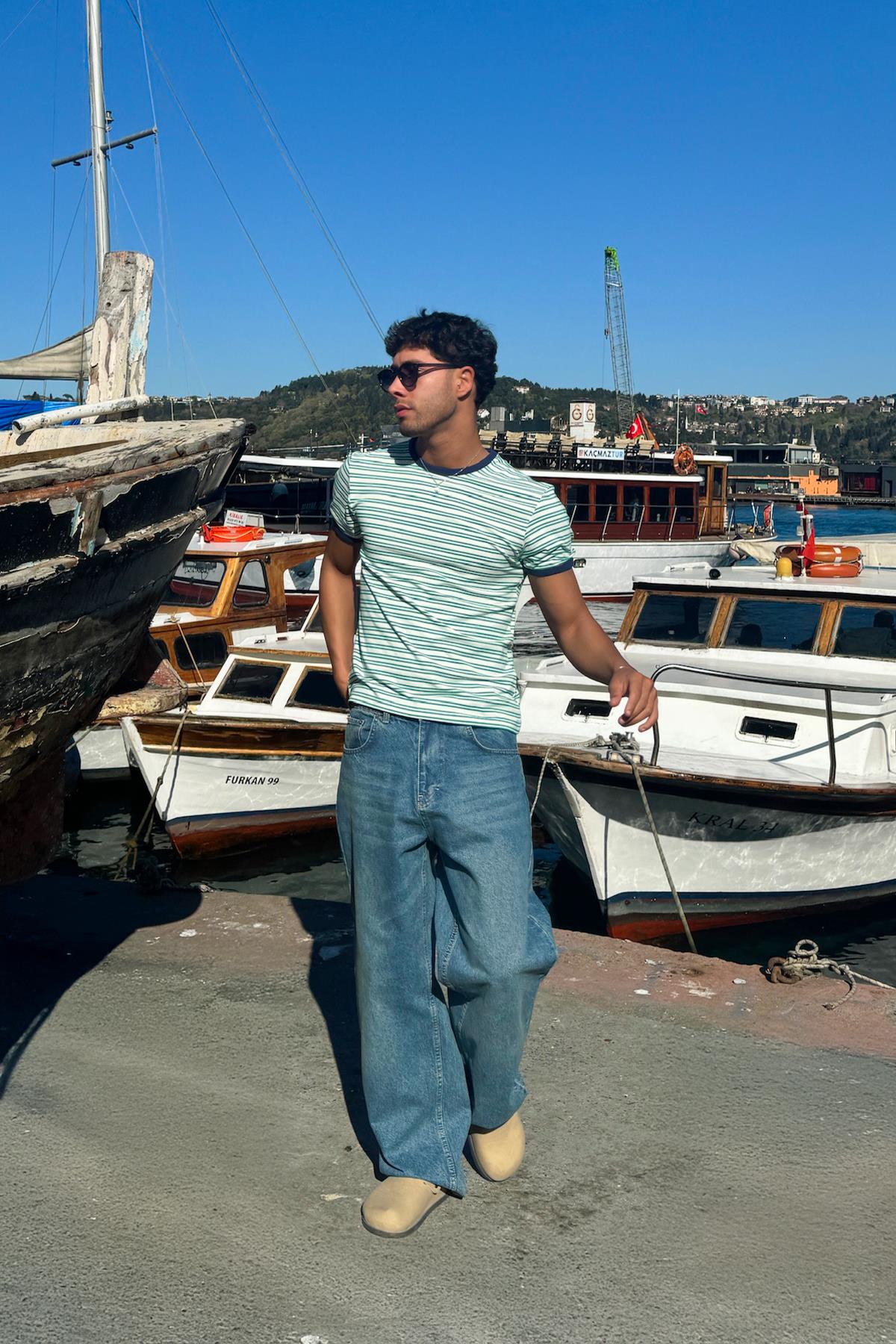 Çizgili Old Money Yeşil Tişört Yeşil